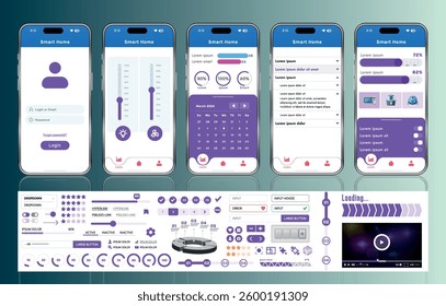 A set of UI UX elements for smart home management mobile apps: an interface with buttons, panels, graphs, and navigation for monitoring and controlling automation systems.