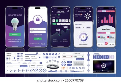 A set of UI UX elements for smart home management mobile apps: an interface with buttons, panels, graphs, and navigation for monitoring and controlling automation systems.