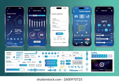 A set of UI UX elements for smart home management mobile apps: an interface with buttons, panels, graphs, and navigation for monitoring and controlling automation systems.