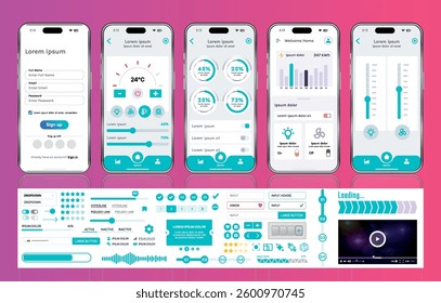 A set of UI UX elements for smart home management mobile apps: an interface with buttons, panels, graphs, and navigation for monitoring and controlling automation systems.