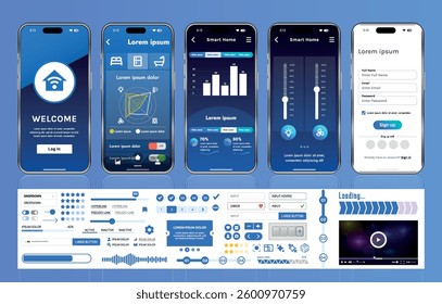 A set of UI UX elements for smart home management mobile apps: an interface with buttons, panels, graphs, and navigation for monitoring and controlling automation systems.