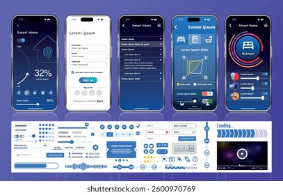 A set of UI UX elements for smart home management mobile apps: an interface with buttons, panels, graphs, and navigation for monitoring and controlling automation systems.