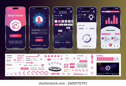 A set of UI UX elements for smart home management mobile apps: an interface with buttons, panels, graphs, and navigation for monitoring and controlling automation systems.