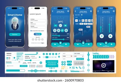 A set of UI UX elements for smart home management mobile apps: an interface with buttons, panels, graphs, and navigation for monitoring and controlling automation systems.