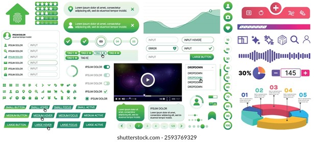 Set of UI UX elements for websites and mobile applications: buttons, forms, menus, panels, icons, login, payment, rating. Modern design for convenient interaction and business planning