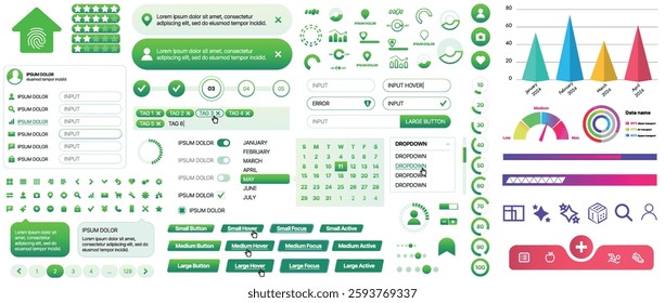 Set of UI UX elements for websites and mobile applications: buttons, forms, menus, panels, icons, login, payment, rating. Modern design for convenient interaction and business planning