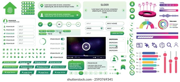 Set of UI UX elements for websites and mobile applications: buttons, forms, menus, panels, icons, login, payment, rating. Modern design for convenient interaction and business planning