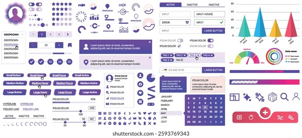 Set of UI UX elements for websites and mobile applications: buttons, forms, menus, panels, icons, login, payment, rating. Modern design for convenient interaction and business planning