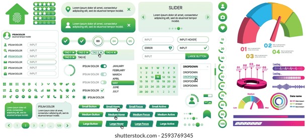 Set of UI UX elements for websites and mobile applications: buttons, forms, menus, panels, icons, login, payment, rating. Modern design for convenient interaction and business planning