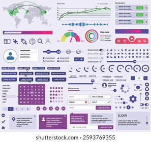 Set of UI UX elements for websites and mobile applications: buttons, forms, menus, panels, icons, login, payment, rating. Modern design for convenient interaction and business planning