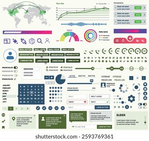 Set of UI UX elements for websites and mobile applications: buttons, forms, menus, panels, icons, login, payment, rating. Modern design for convenient interaction and business planning