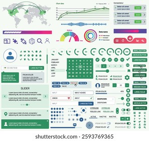 Set of UI UX elements for websites and mobile applications: buttons, forms, menus, panels, icons, login, payment, rating. Modern design for convenient interaction and business planning