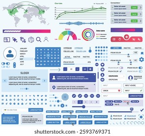 Set of UI UX elements for websites and mobile applications: buttons, forms, menus, panels, icons, login, payment, rating. Modern design for convenient interaction and business planning