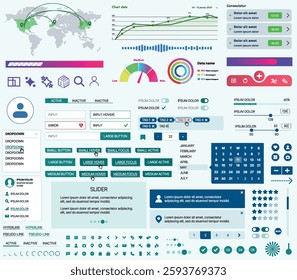 Set of UI UX elements for websites and mobile applications: buttons, forms, menus, panels, icons, login, payment, rating. Modern design for convenient interaction and business planning