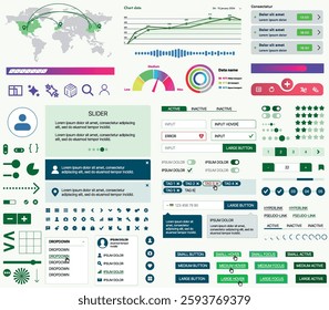 Set of UI UX elements for websites and mobile applications: buttons, forms, menus, panels, icons, login, payment, rating. Modern design for convenient interaction and business planning