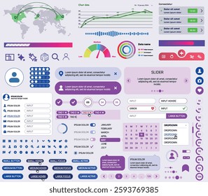 Set of UI UX elements for websites and mobile applications: buttons, forms, menus, panels, icons, login, payment, rating. Modern design for convenient interaction and business planning