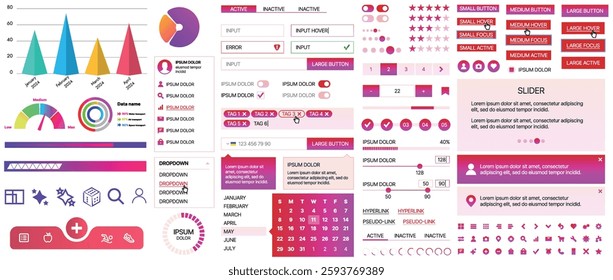 Set of UI UX elements for websites and mobile applications: buttons, forms, menus, panels, icons, login, payment, rating. Modern design for convenient interaction and business planning