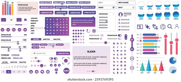 Set of UI UX elements for websites and mobile applications: buttons, forms, menus, panels, icons, login, payment, rating. Modern design for convenient interaction and business planning