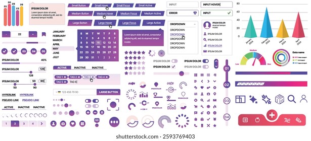 Set of UI UX elements for websites and mobile applications: buttons, forms, menus, panels, icons, login, payment, rating. Modern design for convenient interaction and business planning