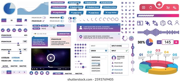 Set of UI UX elements for websites and mobile applications: buttons, forms, menus, panels, icons, login, payment, rating. Modern design for convenient interaction and business planning