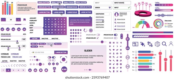 Set of UI UX elements for websites and mobile applications: buttons, forms, menus, panels, icons, login, payment, rating. Modern design for convenient interaction and business planning