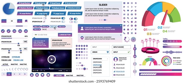 Set of UI UX elements for websites and mobile applications: buttons, forms, menus, panels, icons, login, payment, rating. Modern design for convenient interaction and business planning
