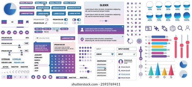 Set of UI UX elements for websites and mobile applications: buttons, forms, menus, panels, icons, login, payment, rating. Modern design for convenient interaction and business planning
