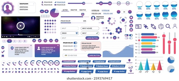 Set of UI UX elements for websites and mobile applications: buttons, forms, menus, panels, icons, login, payment, rating. Modern design for convenient interaction and business planning