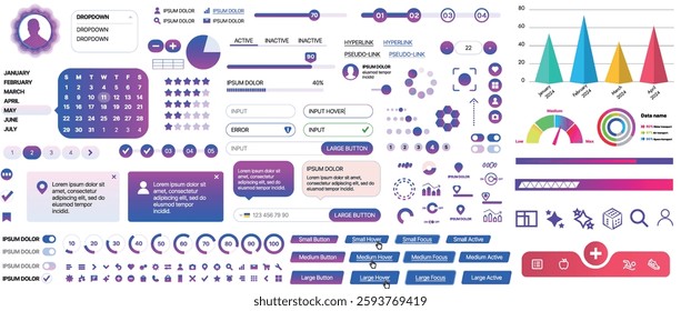 Set of UI UX elements for websites and mobile applications: buttons, forms, menus, panels, icons, login, payment, rating. Modern design for convenient interaction and business planning