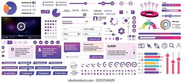 Set of UI UX elements for websites and mobile applications: buttons, forms, menus, panels, icons, login, payment, rating. Modern design for convenient interaction and business planning