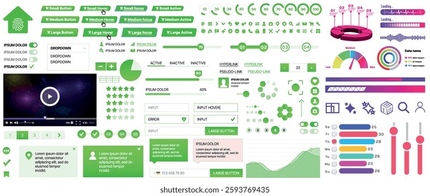 Set of UI UX elements for websites and mobile applications: buttons, forms, menus, panels, icons, login, payment, rating. Modern design for convenient interaction and business planning