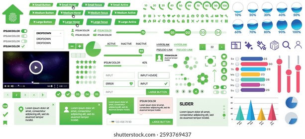 Set of UI UX elements for websites and mobile applications: buttons, forms, menus, panels, icons, login, payment, rating. Modern design for convenient interaction and business planning