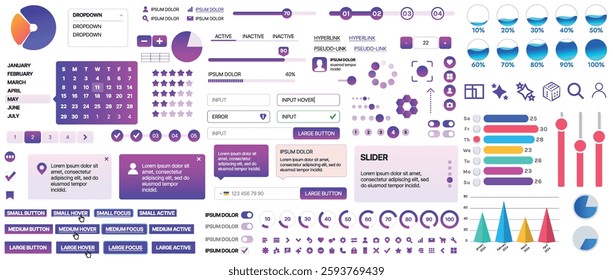 Set of UI UX elements for websites and mobile applications: buttons, forms, menus, panels, icons, login, payment, rating. Modern design for convenient interaction and business planning