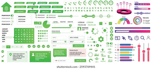Set of UI UX elements for websites and mobile applications: buttons, forms, menus, panels, icons, login, payment, rating. Modern design for convenient interaction and business planning