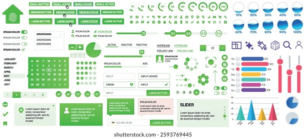 Set of UI UX elements for websites and mobile applications: buttons, forms, menus, panels, icons, login, payment, rating. Modern design for convenient interaction and business planning