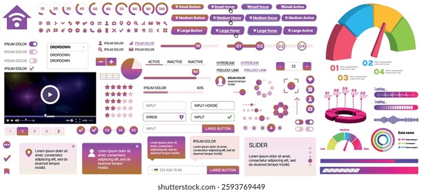 Set of UI UX elements for websites and mobile applications: buttons, forms, menus, panels, icons, login, payment, rating. Modern design for convenient interaction and business planning