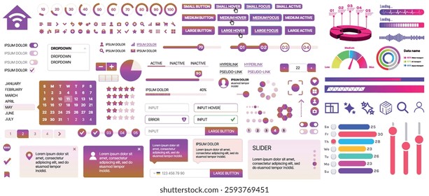 Set of UI UX elements for websites and mobile applications: buttons, forms, menus, panels, icons, login, payment, rating. Modern design for convenient interaction and business planning