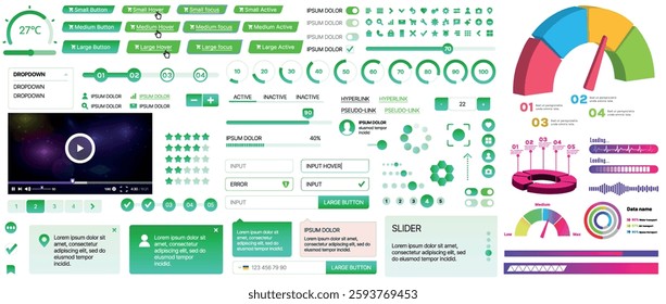 Set of UI UX elements for websites and mobile applications: buttons, forms, menus, panels, icons, login, payment, rating. Modern design for convenient interaction and business planning