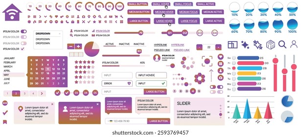 Set of UI UX elements for websites and mobile applications: buttons, forms, menus, panels, icons, login, payment, rating. Modern design for convenient interaction and business planning
