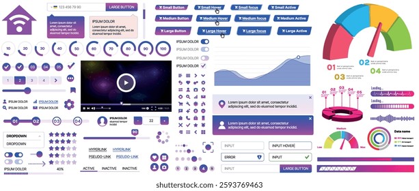 Set of UI UX elements for websites and mobile applications: buttons, forms, menus, panels, icons, login, payment, rating. Modern design for convenient interaction and business planning