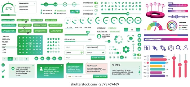 Set of UI UX elements for websites and mobile applications: buttons, forms, menus, panels, icons, login, payment, rating. Modern design for convenient interaction and business planning