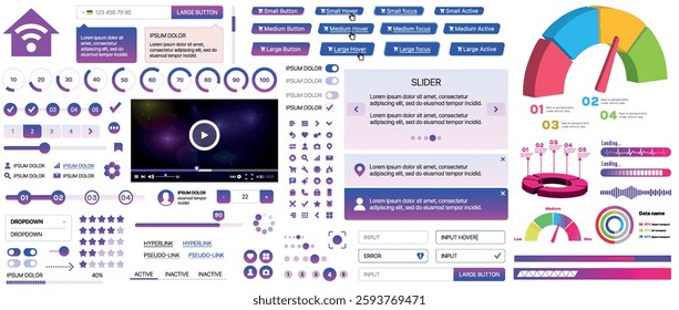 Set of UI UX elements for websites and mobile applications: buttons, forms, menus, panels, icons, login, payment, rating. Modern design for convenient interaction and business planning