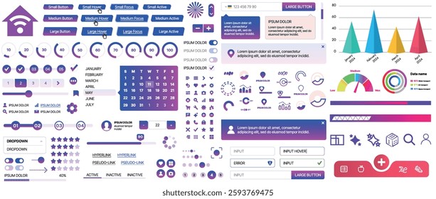 Set of UI UX elements for websites and mobile applications: buttons, forms, menus, panels, icons, login, payment, rating. Modern design for convenient interaction and business planning