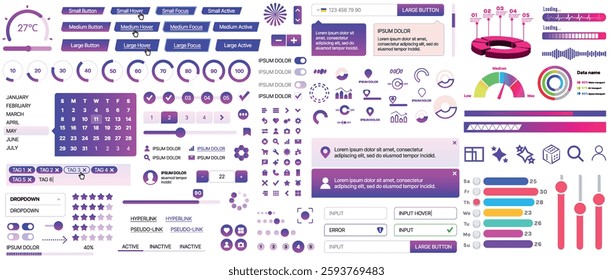 Set of UI UX elements for websites and mobile applications: buttons, forms, menus, panels, icons, login, payment, rating. Modern design for convenient interaction and business planning