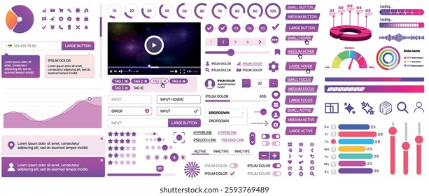 Set of UI UX elements for websites and mobile applications: buttons, forms, menus, panels, icons, login, payment, rating. Modern design for convenient interaction and business planning