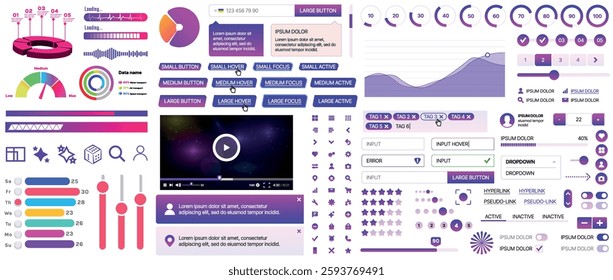Set of UI UX elements for websites and mobile applications: buttons, forms, menus, panels, icons, login, payment, rating. Modern design for convenient interaction and business planning