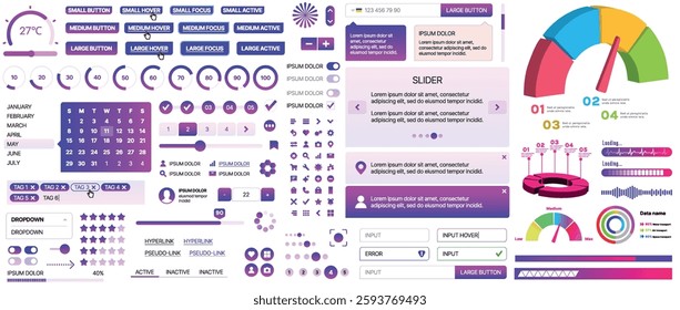 Set of UI UX elements for websites and mobile applications: buttons, forms, menus, panels, icons, login, payment, rating. Modern design for convenient interaction and business planning