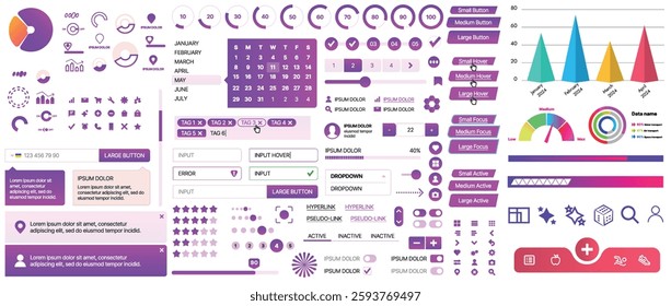Set of UI UX elements for websites and mobile applications: buttons, forms, menus, panels, icons, login, payment, rating. Modern design for convenient interaction and business planning