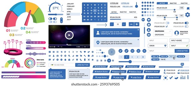 Set of UI UX elements for websites and mobile applications: buttons, forms, menus, panels, icons, login, payment, rating. Modern design for convenient interaction and business planning