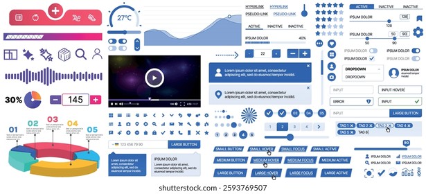 Set of UI UX elements for websites and mobile applications: buttons, forms, menus, panels, icons, login, payment, rating. Modern design for convenient interaction and business planning